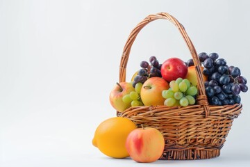 Composition with variety of fruits and wicker basket isolated on white
