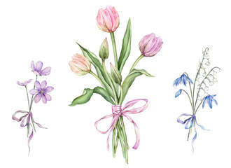 Set of bouquet of Pastel light colors Tulips and open bud and bow. Bouquets of white lilies of the valley and purple coppice. Hand drawn watercolor illustration isolated flowers for spring design card