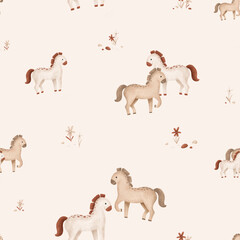 Seamless pattern with cute horse and flowers and stones in minimalist scandinavian style. Cartoon animals for children's design . Hand drawn illustration of beige and grey horse with maroon mane.