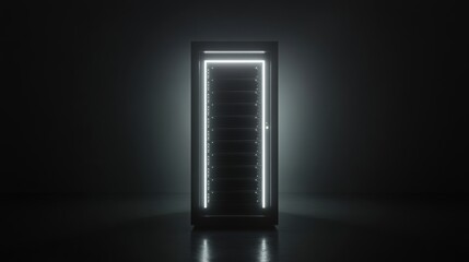 Futuristic doorway illuminated by soft neon lights in a minimalist tech environment showcasing advanced network concepts