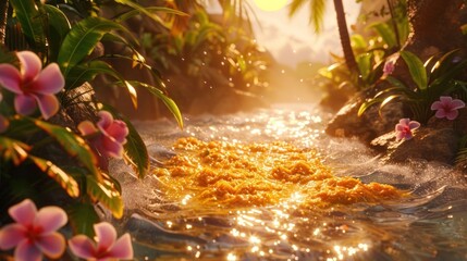 Breathtaking view of a lush verdant tropical forest stream with a cascading waterfall and vibrant pink flowers bathed in the warm golden glow of the setting sun
