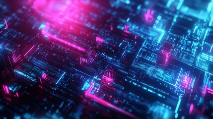 Obraz premium Glowing neon circuit board with pink and blue lights.