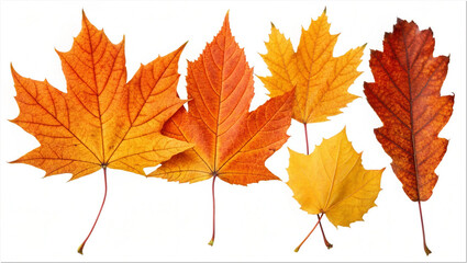 Fototapeta premium Close up photo, collection set of five different orange and yellow colorful leaves in autumn, isolated on panoramic transparent background, fall autumnal season