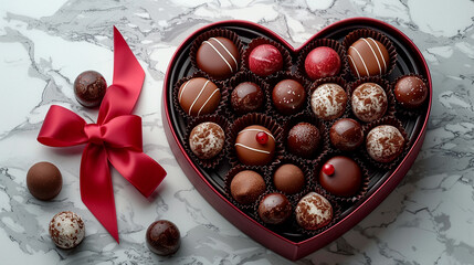 Obraz premium Beautifully arranged chocolates in a heart-shaped box perfect for sharing love
