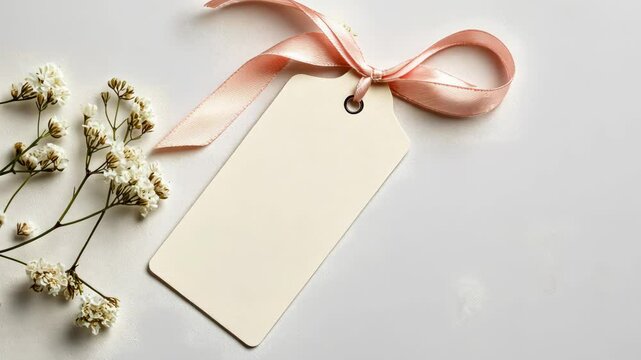 blank gift tag tied with a soft ribbon, surrounded by small