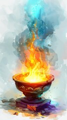 Glowing Mystic Ritual Bowl with Magical Fiery Flames and Ethereal Smoke   A surreal and evocative digital depicting a mystical