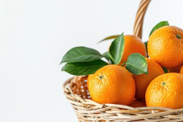 Basket of oranges with leaves  one on surface.