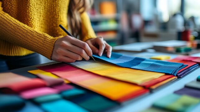 A close-up of fabric swatches being pinned to a mood board by a fashion designer in a sleek studio, with design sketches and color palettes in the background.