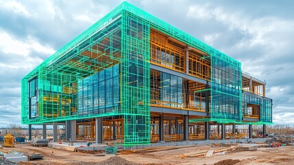Modern building under construction with glass facade.