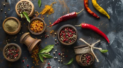 Crédence de cuisine Herbes Spices, chili peppers, and herbs arranged on a dark kitchen surface  © Juan