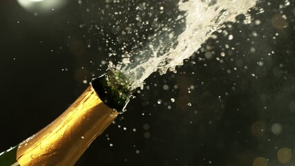 Super Slow Motion of Champagne Explosion with Camera Motion. Filmed on High Speed Cinema Camera, 1000fps. Speed Ramp Effect. - Powered by Adobe