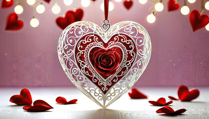 White Filigree Heart Ornament with Red Rose and Scattered Petals