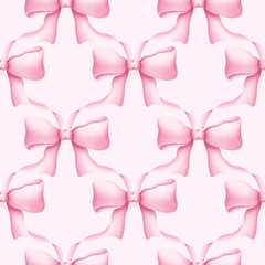 Watercolor Coquette pink bow seamless pattern. Ideal for fabric,scrapbooking,banner , card, wrapping paper,baby shower