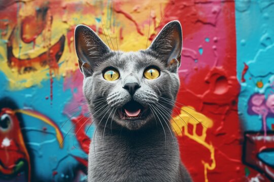 Portrait of a happy russian blue cat in front of colorful graffiti wall