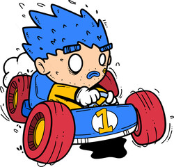A Boy is driving go kart turn sharply in circuit