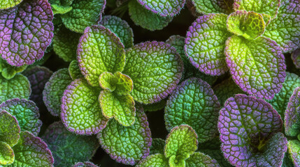 Vibrant green and purple leaves with intricate textures and patterns