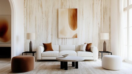 Minimalist, loft home interior design of modern living room with white boucle sofa, wooden table and cabinet with vases textured concrete wall. Wall with abstract art. 