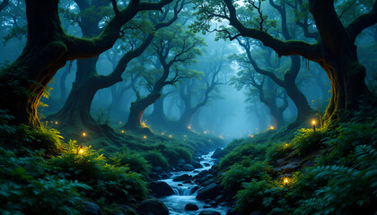 Mystical Forest, Glowing Lights & Stream