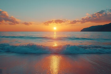 Breathtaking Sunset Over Sparkling Ocean with Sandy Beach in the Foreground