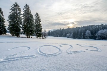 Fototapeta premium 2025 number text written in the snow with a snowy mountain and forest scene, winter holidays landsca 