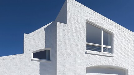 White brick building exterior with unique windows under a clear blue sky.