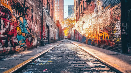 vibrant New York alleyway with graffiti, cobblestone path, and sunlight