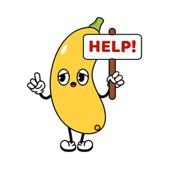 Cute Yellow vegetable marrow with an inscription help character. Vector hand drawn traditional cartoon vintage, retro, kawaii character. Isolated white background. Yellow vegetable marrow