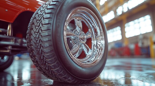 Chrome wheel and tire on a vintage red car in a workshop. - Powered by Adobe