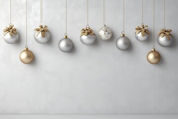 Decora&ccedil;&atilde;o de natal com bolas suspensas em tons dourados, vermelhos e prateados, sobre fundo neutro, criada com IA generativa.