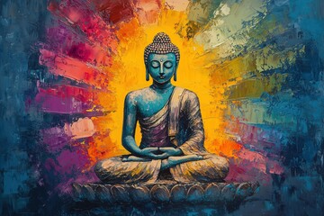 Vibrant Oil Painting of Buddha in Meditative Pose with Radiating Colors and Spiritual Essence