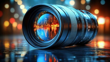 Cityscape reflected in a camera lens at night.