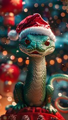 Festive banner design of a christmas snake in santa hat for the lunar year of the green snake