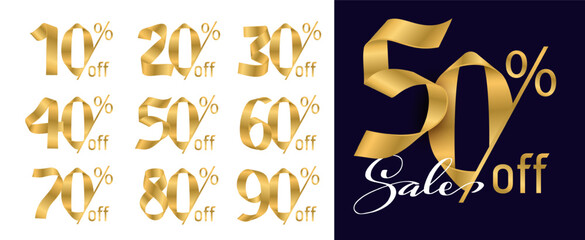 Vector set of golden number sale icons. Gold ribbon folded into numbers 10, 20, 30, 40, 50, 60, 70, 80, 90 percent off discount symbols. Good for advertising banners, sale, discounts, promotions.