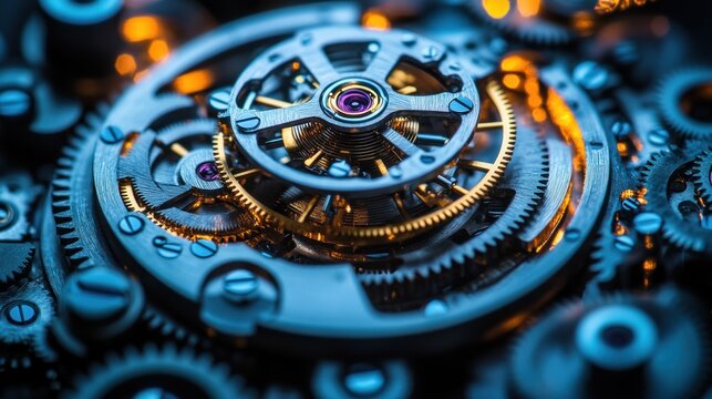 Close-up intricate watch movement, gears, and springs.