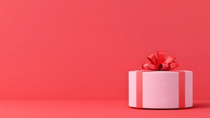 A simple, round gift box with a red ribbon sits against a solid red background, evoking feelings of celebration and joy.