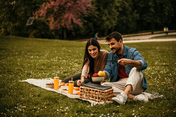 Smiling couple enjoying fresh food and drinks on a sunny park outing