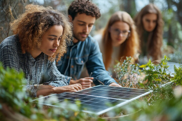 Fototapeta premium Multicultural team collaborates on solar energy solutions in a lush outdoor setting. Generative AI