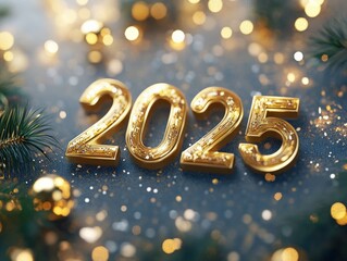 Celebrating new year 2025 with golden decorations festive atmosphere holiday spirit vibrant environment close-up perspective