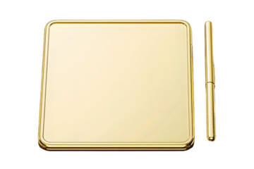 A golden tablet with a matching stylus, shown in clean 3D render. Perfect for creative tech-related themes or luxury branding, highlighting high-end, professional, and elegant digital tool