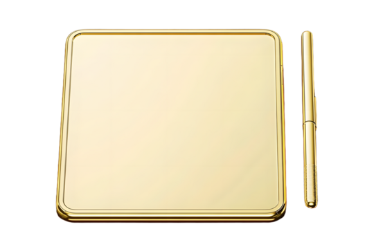 A golden tablet with a matching stylus, shown in clean 3D render. Perfect for creative tech-related themes or luxury branding, highlighting high-end, professional, and elegant digital tool
