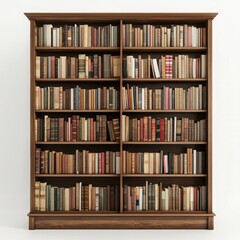 A tall wooden bookcase with multiple shelves filled with neatly arranged books on a white background