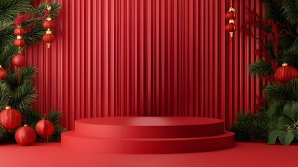 A vibrant red stage set adorned with festive decorations, including lanterns and ornaments, perfect for a celebration or event.