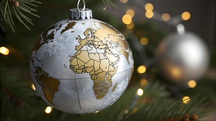 Christmas World Map Globe Ornament Ball in Silver and Gold Colors