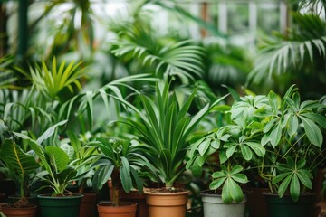 Obraz premium Greenhouse Plants. Indoor Botanical Garden with Beautiful Tropical Flora