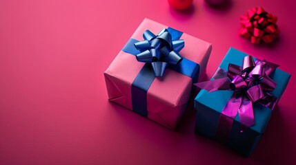 Obraz premium Colorful gift boxes with ribbons on a vibrant pink background
