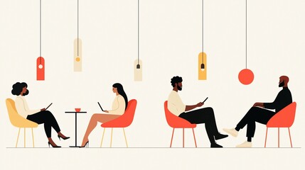 Four people sit with gadgets in a simple cafe.