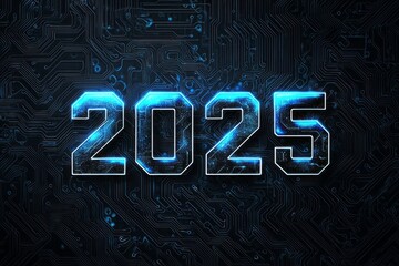 A futuristic representation of the year 2025 with a digital circuit background.