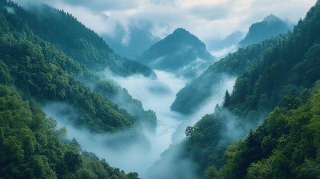 Misty mountains surround a serene river valley at dawn, showcasing the beauty of nature and tranquility in a remote wilderness area