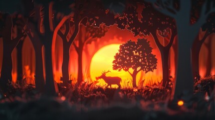 Naklejka premium Magical sunset scenery in a mystical enchanted autumn forest with a majestic deer silhouetted against the glowing fiery sky Tranquil and serene landscape with vibrant fall foliage and mist