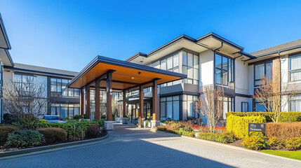 Senior care facility exterior with well-maintained garden and welcoming entrance. Emphasizing comfort and dignity in elderly living environments.